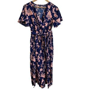 Shein VCAY Midi‎ Dress Womens 4 Navy Blue Pink Floral Belted Layered Warp Boho